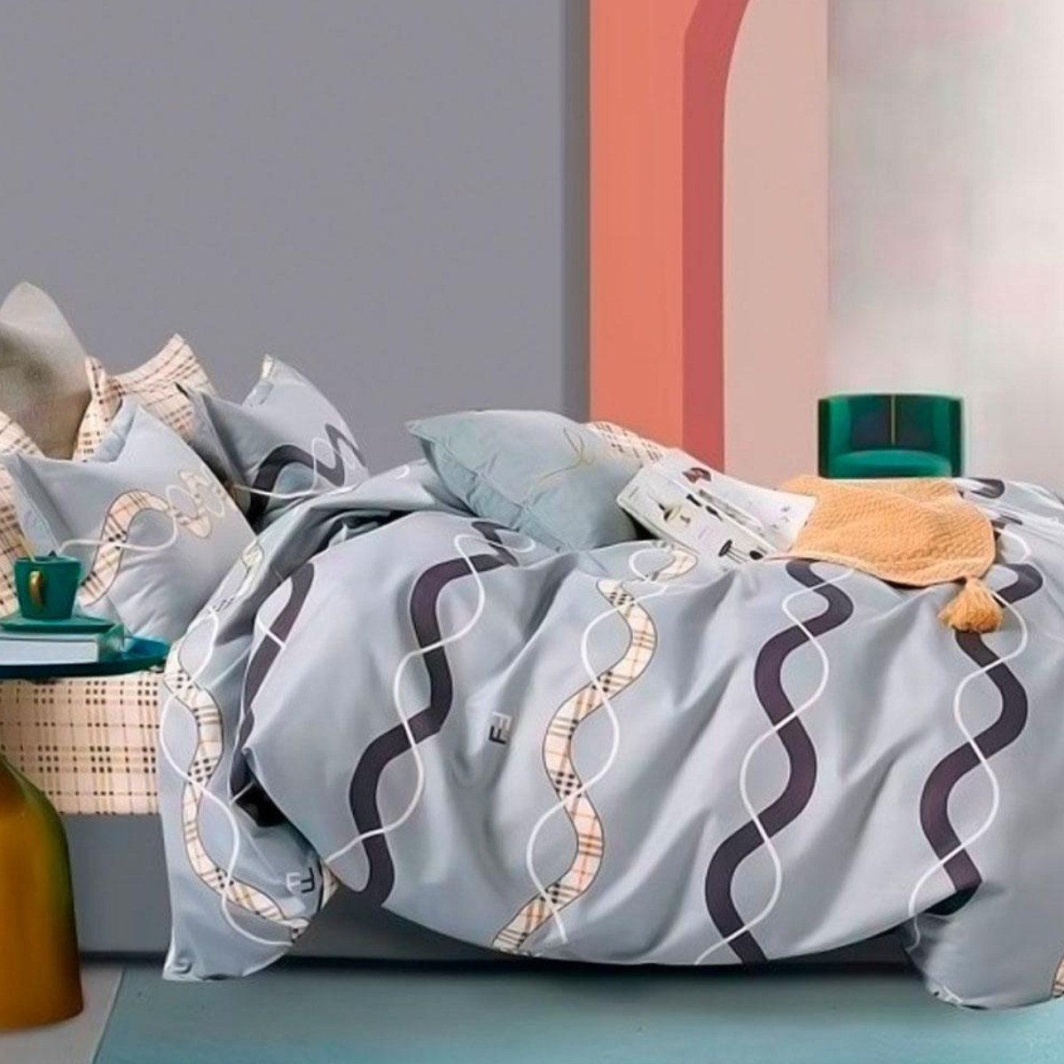 Комплект постільної білизни двоспальний ZMW "Home Textiles" (37630) Хвилі на сірому