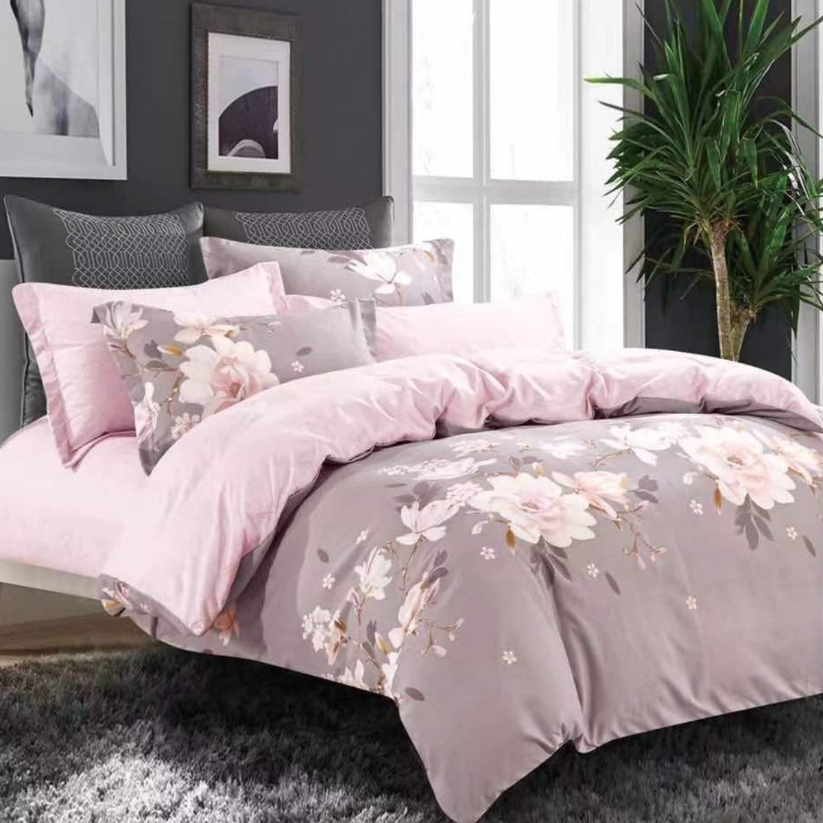 Комплект постільної білизни полуторний ZMW "Home Textiles" (37644) Рожеві квіти на сірому