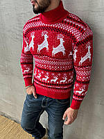 Зимний свитер с оленями мужской Oleni красный Новогодняя кофта под горло теплая зима Топ качества