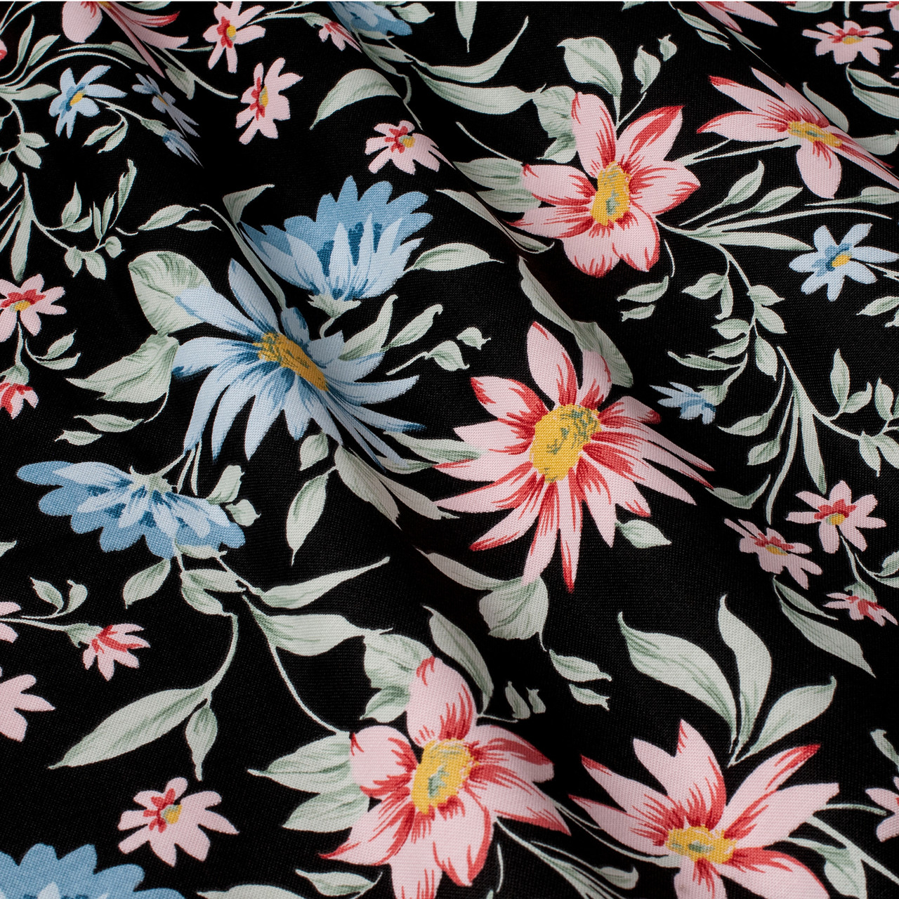 Декоративная ткань голубые и розовые цветы на черном Турция 84498v2 - фото 1 - id-p2034687339