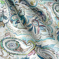 Декоративная ткань с абстрактными узорами зеленого и голубого цвета на молочно белом фоне Испания 82662v1