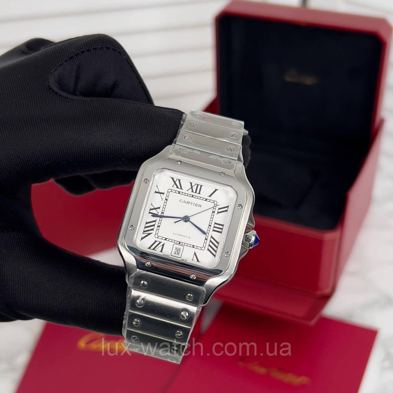 Стильний наручний годинник Cartier Santos Silver-White
