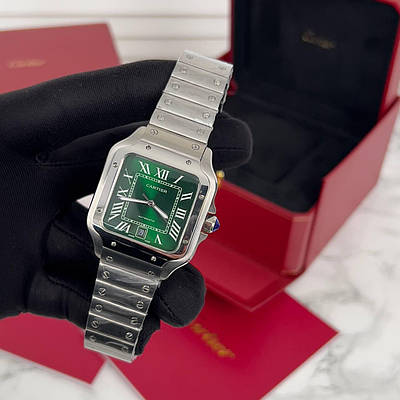 Елегантний наручний годинник Cartier Santos Silver-Green