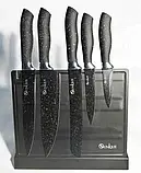 Набор кухонных ножей из нержавеющей стали с магнитной подставкой UNIQUE UN-1841-KS 6 предметов + точилка Черны, фото 2