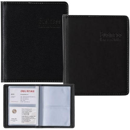 Візитниця Deli 5790 чорний, 72 візитки, ПВХ еко-шкіра, 1 лист - 2 візитки, 11*13,8см, фото 3