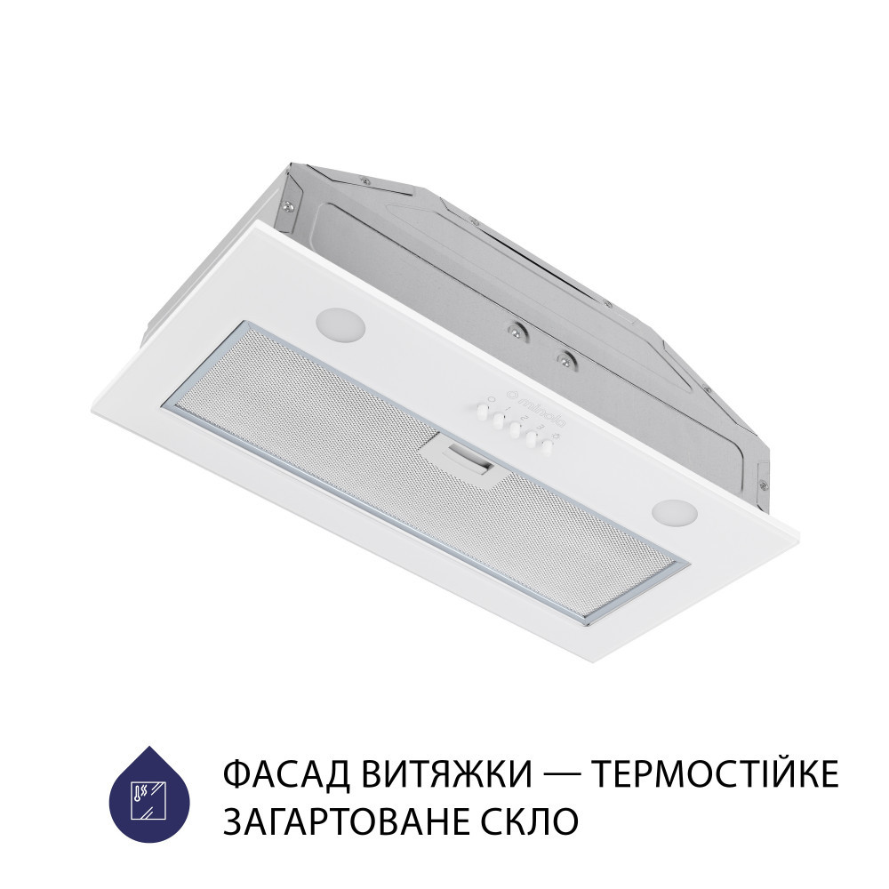 Біла скляна вбудована в шафу витяжка для кухні Minola HBI 52621 WH GLASS 700 LED, шириною 53 см, фото 1