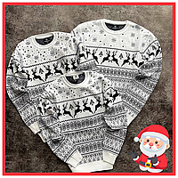 Зимние теплые модные оверсайз новогодние свитера из шерсти для семьи с оленями без горла БЕЛЫЕ И КРАСНЫЕ