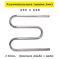 Водяной полотенцесушитель Змеевик 3 колена Шовный из нержавейки, толщина стенки 3 мм, Змейка 500х600, гарантия