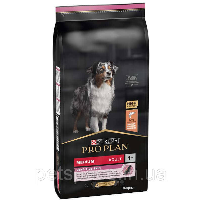 Корм Pro Plan Medium Sensitive (Про План для середніх порід з чутливою шкірою, лосось), 14кг.