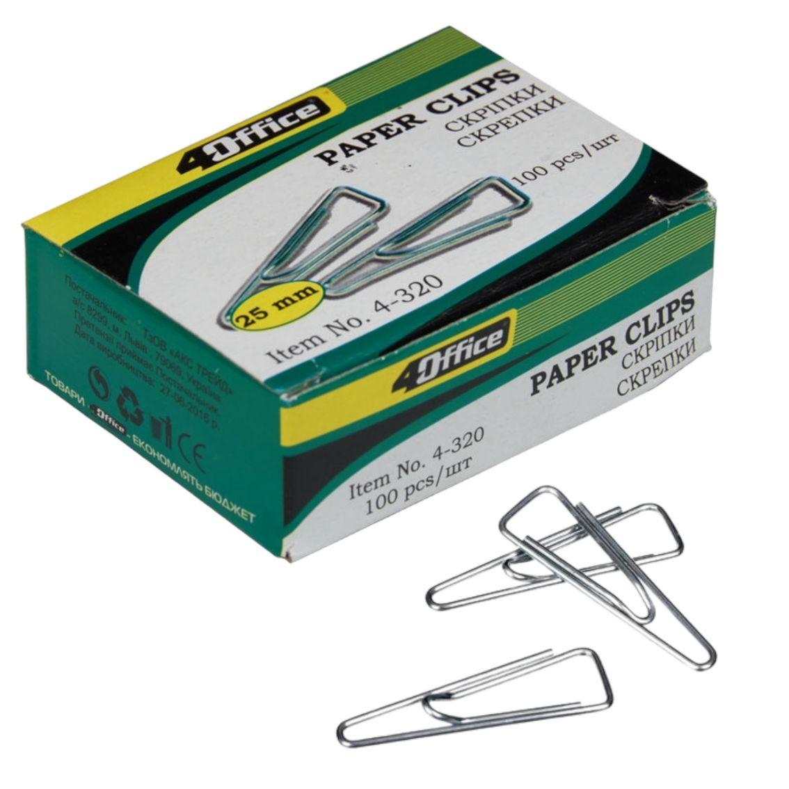 Скріпки канцелярські 4OFFICE трикутні 25мм, 100шт. (4-320), скріпки для паперу