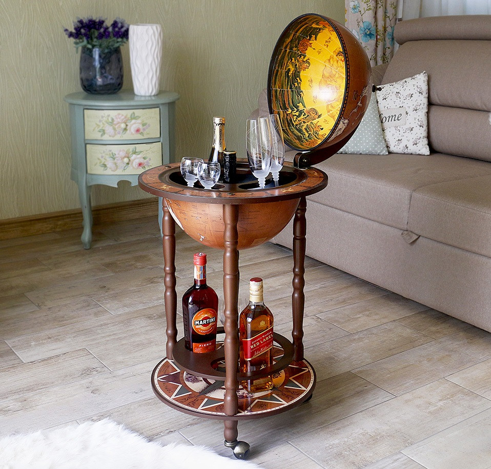 Підлоговий глобус-бар двоярусний на коліщатках "Континенти" дерев'яний зі сферою Ø 330 мм, фото 1