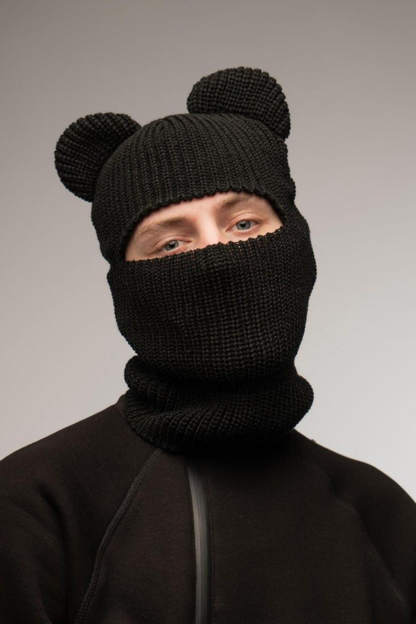 Балаклава чорна з помпонами Bear унісекс тридирочна тепла