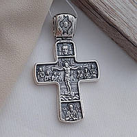 Крестик из серебра двусторонний прямой с распятием Иисуса и ликами святых чернение