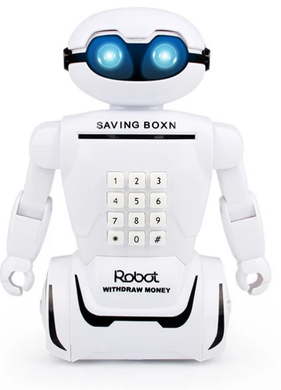 Робот со светящимися глазами, копилка с кодовым замком, сейф игрушечный с фонарем и музыкой, цвет белый - фото 2 - id-p2034938549