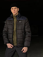 Зимняя спортивная куртка Nike мужская с капюшоном, утепленный пуховик стеганый на зиму Найк черно-синяя