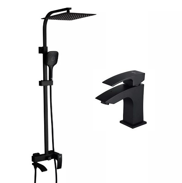 Набір вушова система 3 в 1 з тропічним душем і змішувачем на умивальник G2407-6-1 чорна квадратна, фото 1