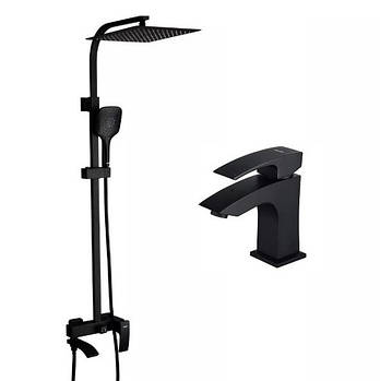 Набір вушова система 3 в 1 з тропічним душем і змішувачем на умивальник G2407-6-1 чорна квадратна