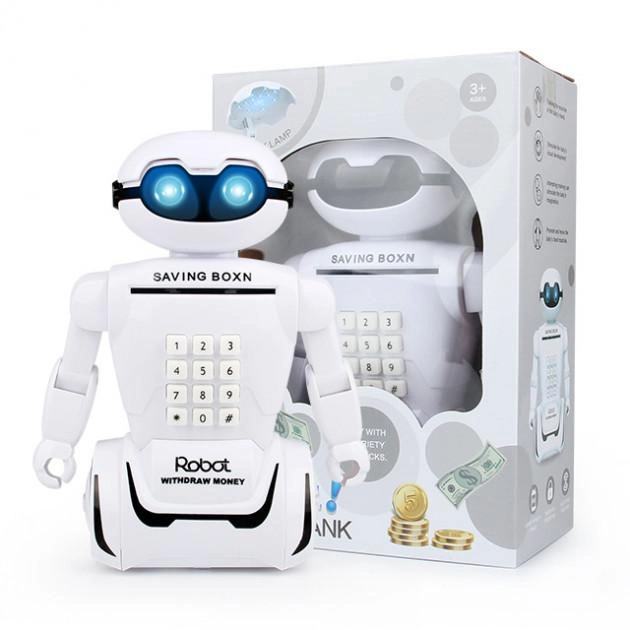 Детская игрушка робот, игрушечный мини сейф, копилка с кодовым замком для накопления бумажных денег и монет - фото 1 - id-p2034971564