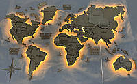 Деревянная многослойная карта мира с подсветкой цвет Oak 120х70 см