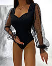 Жіночий чорний шикарний боді з сіткою на рукавах, фото 4