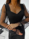 Жіночий чорний шикарний боді з сіткою на рукавах, фото 7