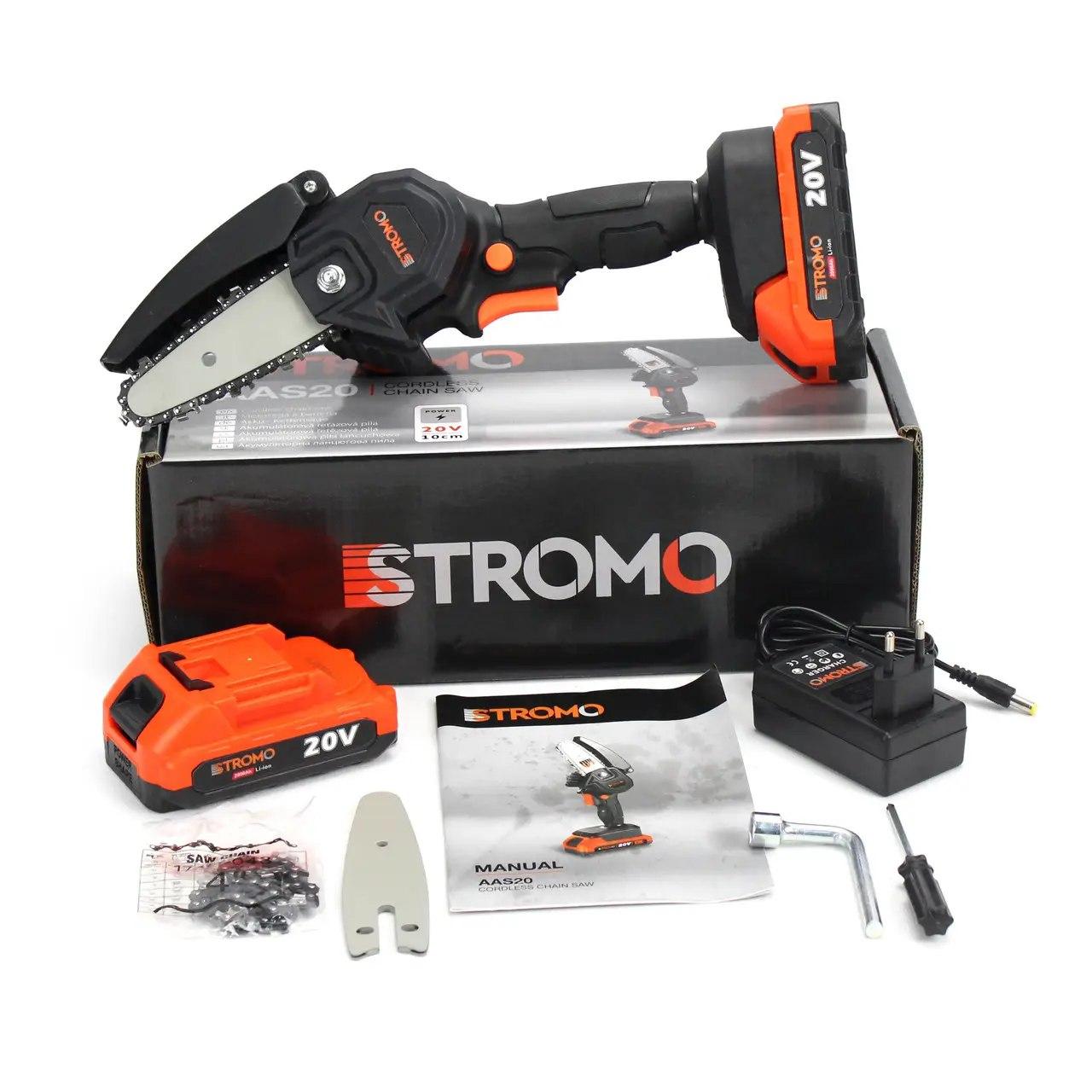 Акумуляторна міні пила ланцюгова Stromo AAS20 (20V 2AH) 2 АКБ міні-пила Стромо для обрізання дерев, веткоріз