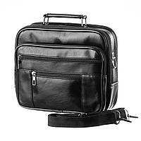 Кожаная мужская сумка борсетка через плечо горизонтальная LT 5704 черная, 6 отделений на молнии