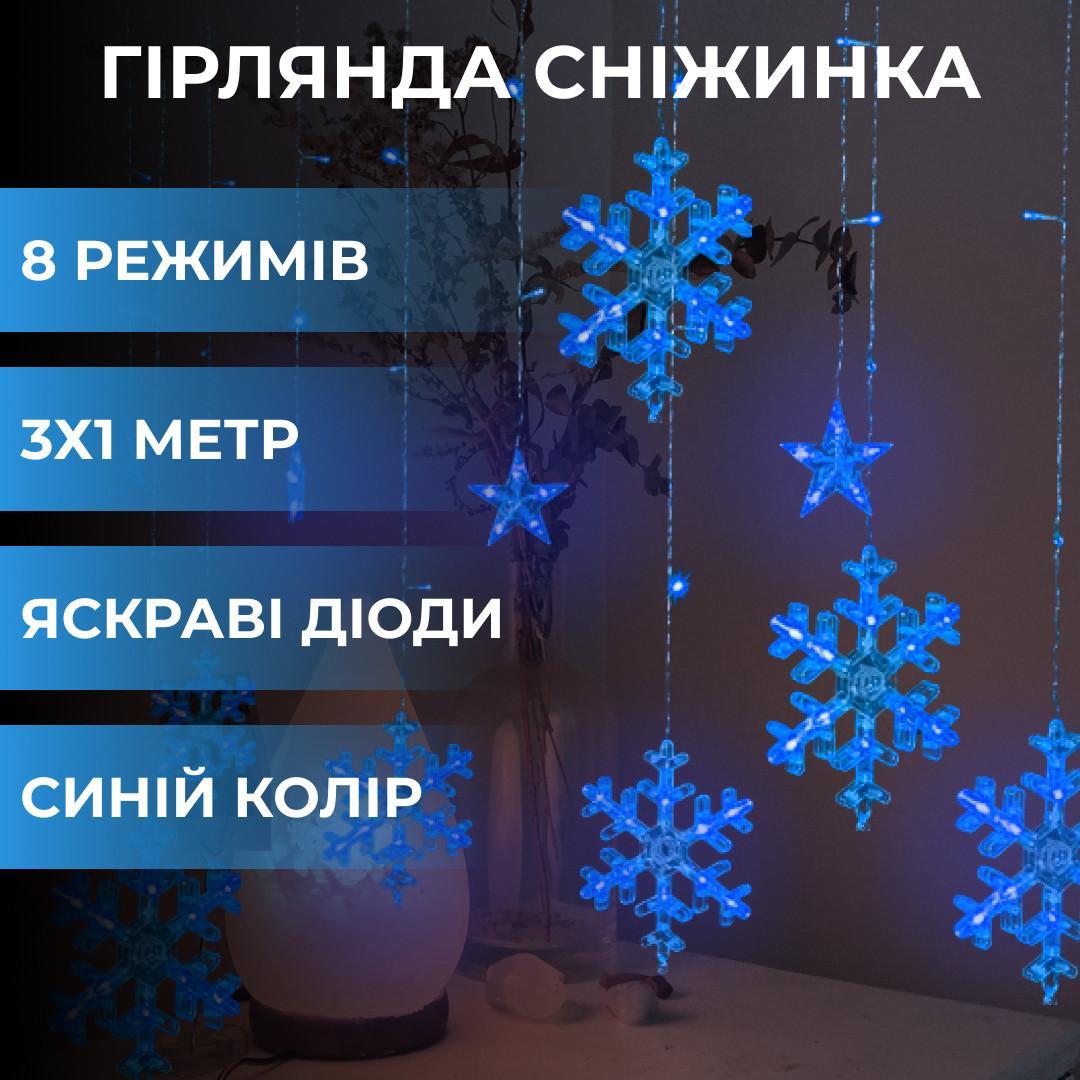 Гірлянда на вікно зі сніжинками зірками 3х0,9 м LED святкова новорічна гірлянда-штора синя 8 режимів