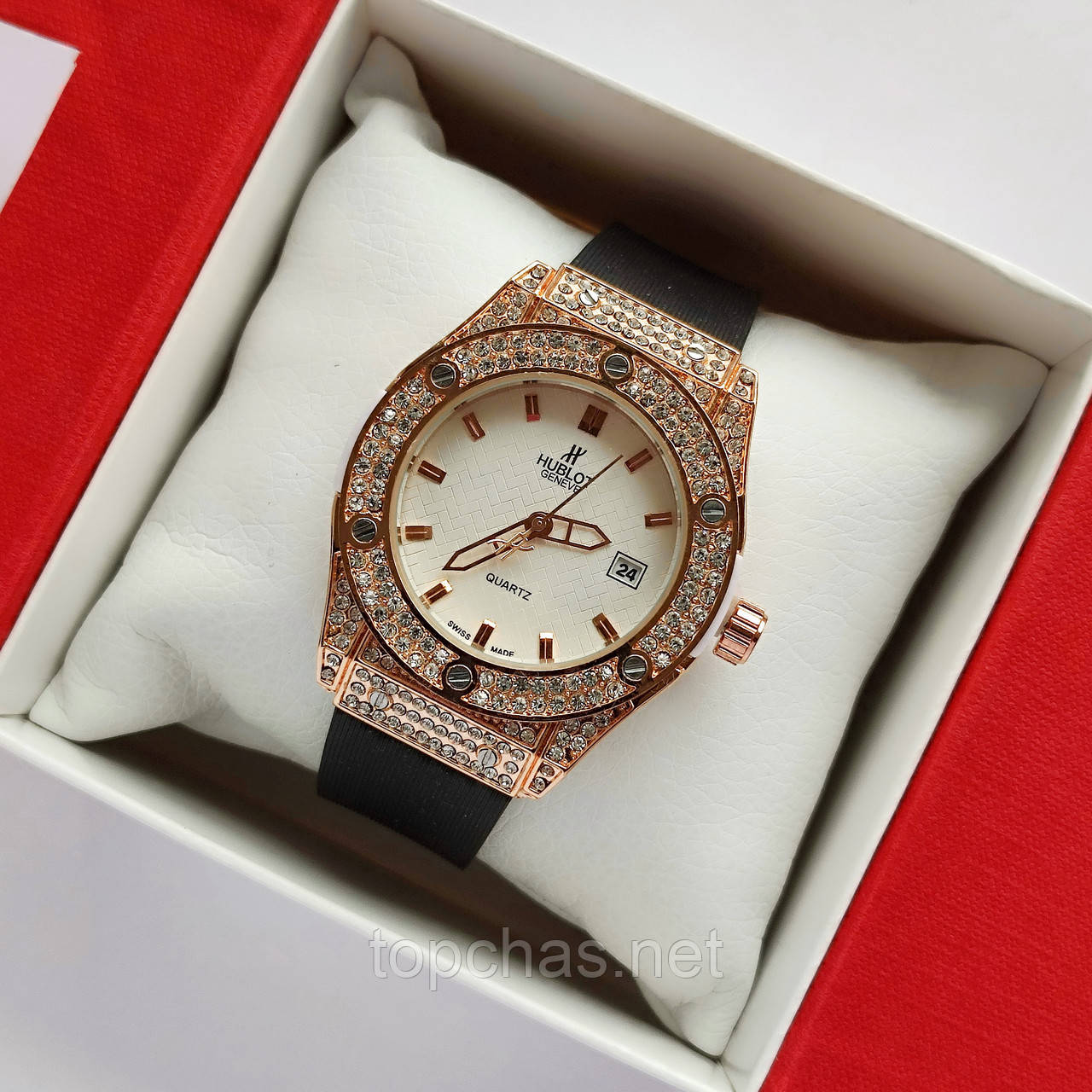 Жіночий наручний годинник з камінчиками Hublot geneve (хаблот) золотистий з білим, з датою - код 2357b