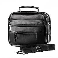Шкіряна чоловіча сумка-борсетка через плече горизотальна LT 5705 чорна, 6 відділень на блискавці