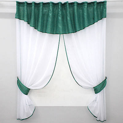 Кухонний комплект, (270х170см.) шторки з ламбрекеном і підхватами. Колір білий з бірюзовим. Код 084к 52-0553