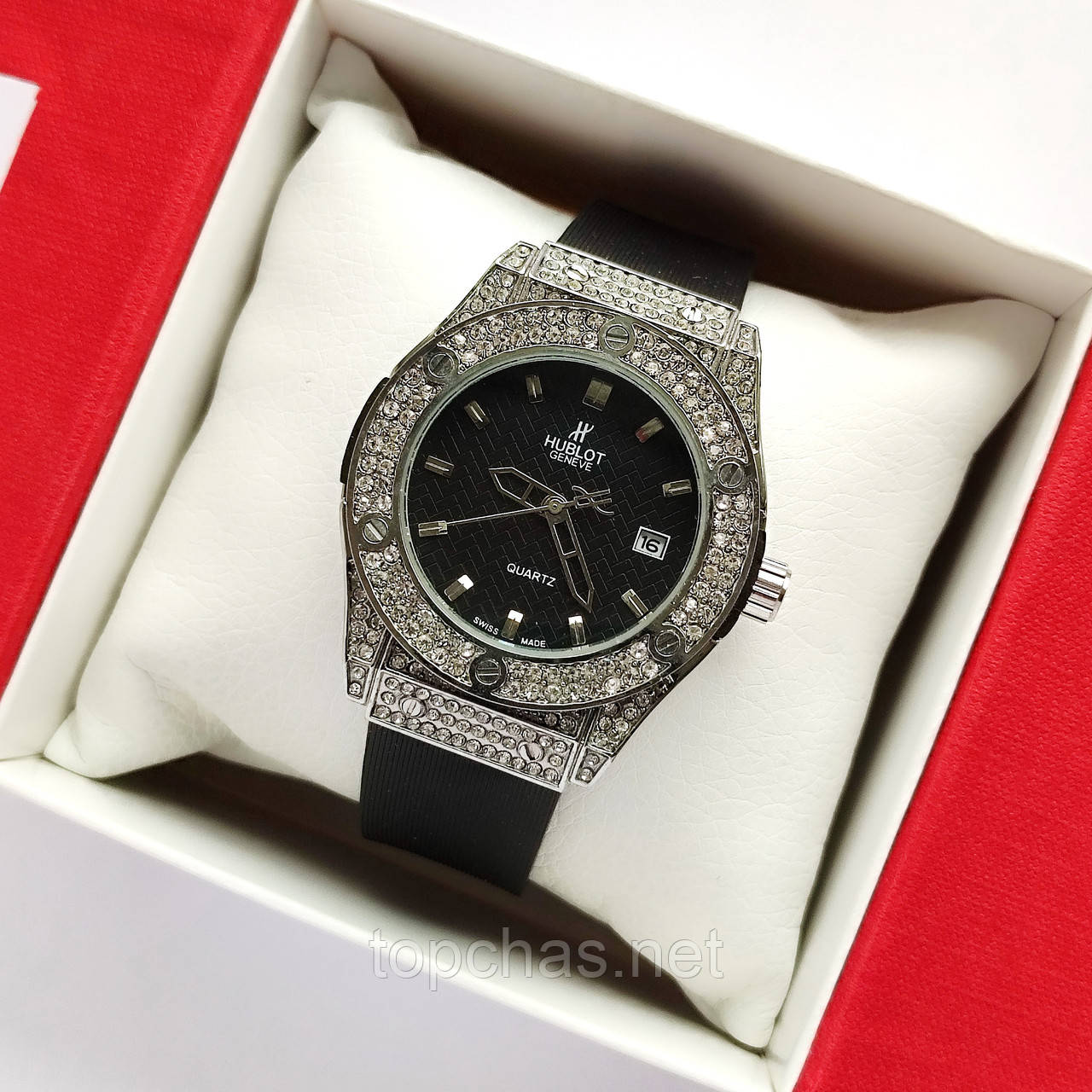 Жіночий наручний годинник з камінчиками Hublot geneve (хаблот) сріблястий з чорним, з датою - код 2359b