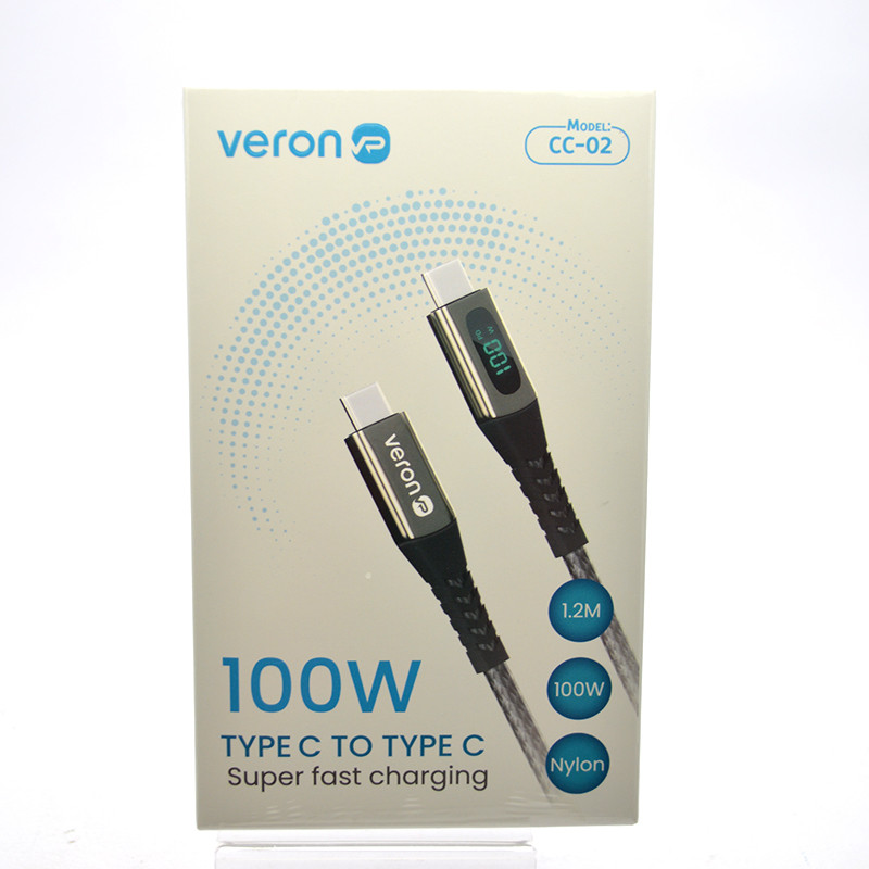 Кабель Veron CC02 Nylon LCD Type-c to Type-c 100W 1.2M Black, фото 1