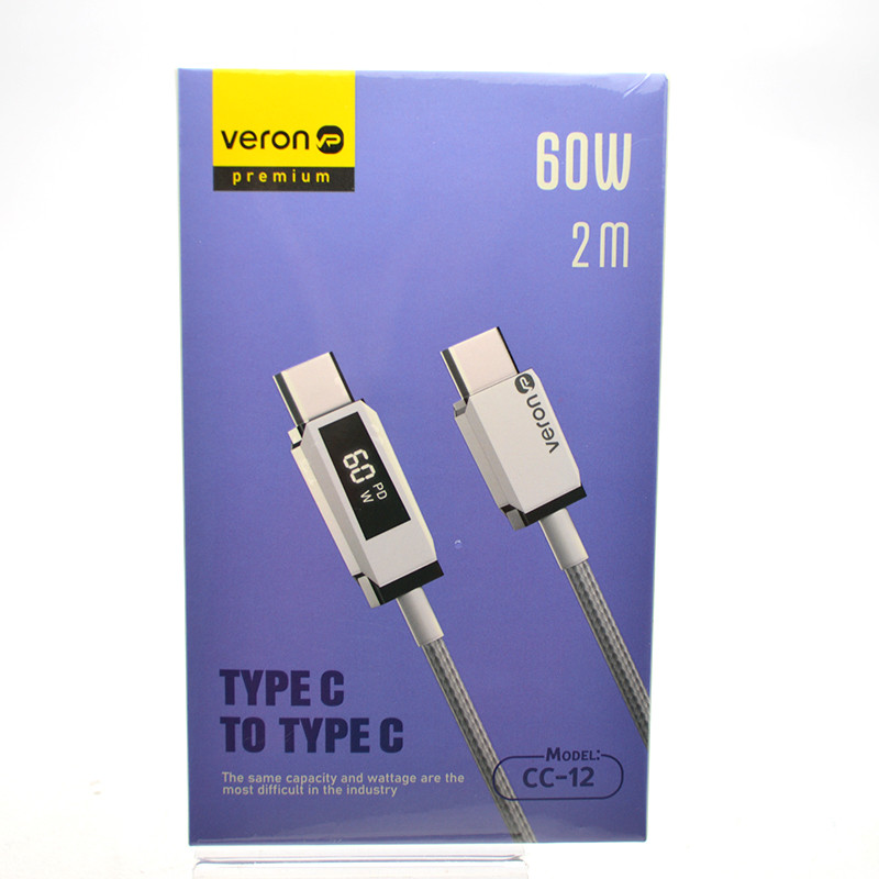 Кабель Veron CC12 Nylon LCD Type-c to Type-c 60W 2M Silver, фото 1