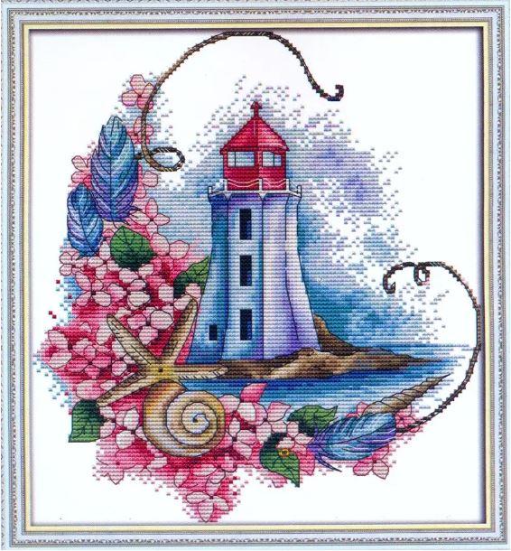 Набір для вишивання за нанесеною на канву схемою "Starfish lighthouse 1".AIDA 14CT printed , 28*31 см
