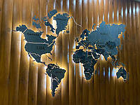 Объемная карта мира на стену с прозрачным основанием и подсветкой между странами Blue 150х90 см