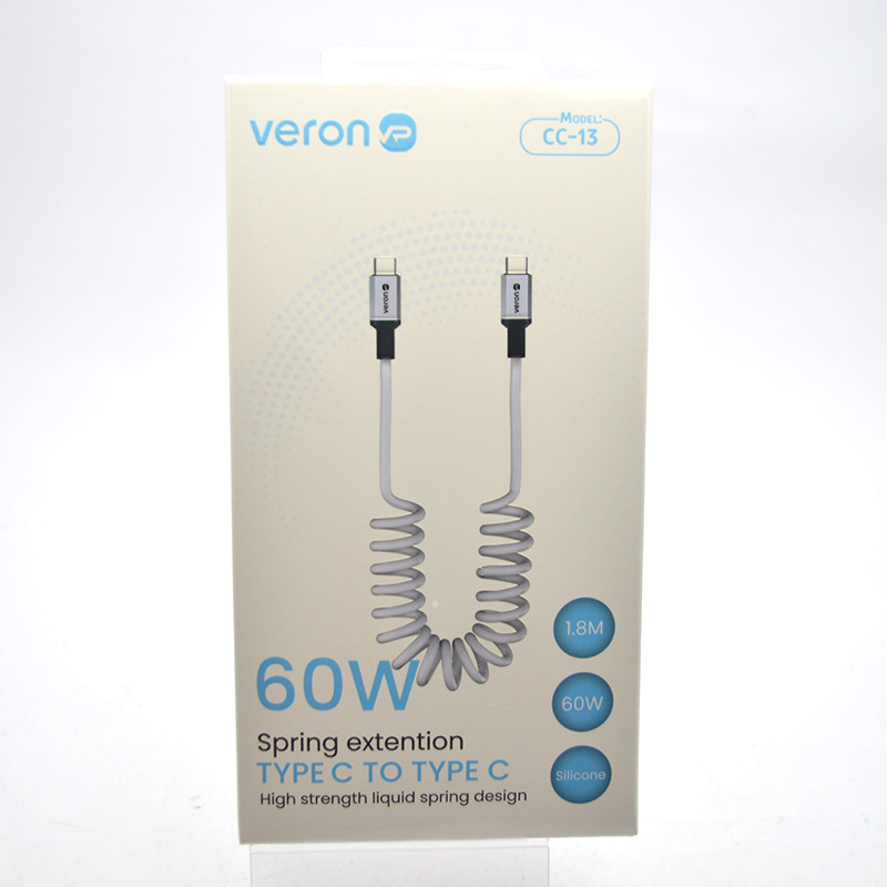 Кабель Veron CC13 Spring Cable Type-c to Type-c 60W 1.8M Silver, фото 1