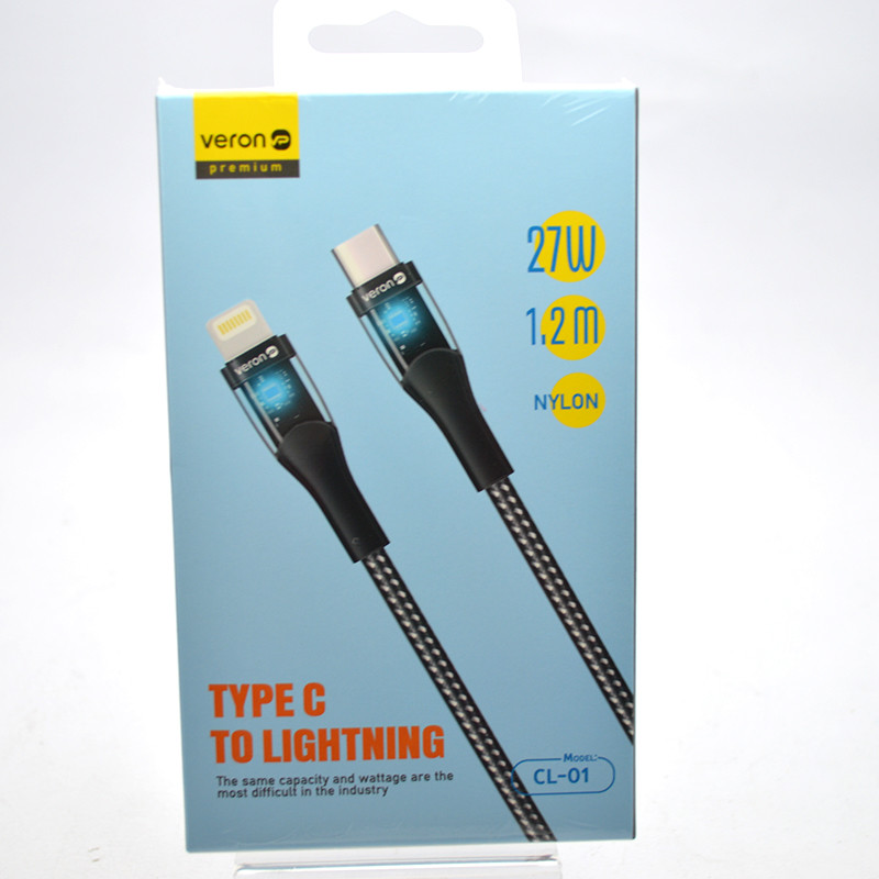 Кабель Veron CL01 Nylon Led Type-c to Lighting 27W 1,2 Black, фото 1