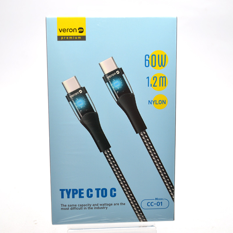 Кабель Veron CC01 Nylon LCD Type-c to Type-c 60W 1.2M Black, фото 1