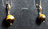 Серьги с натуральным камнем тигровый глаз медицинское золото позолота 18 К