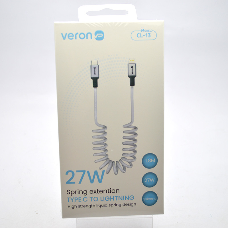 Кабель Veron CL13 Spring Cable Type-c to Lighting 27W 1,8 Silver, фото 1