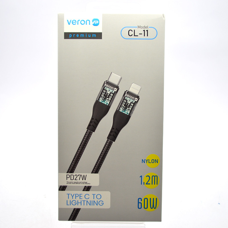 Кабель Veron CL11 Nylon Type-c to Lighting 27W 1,2 Black, фото 1