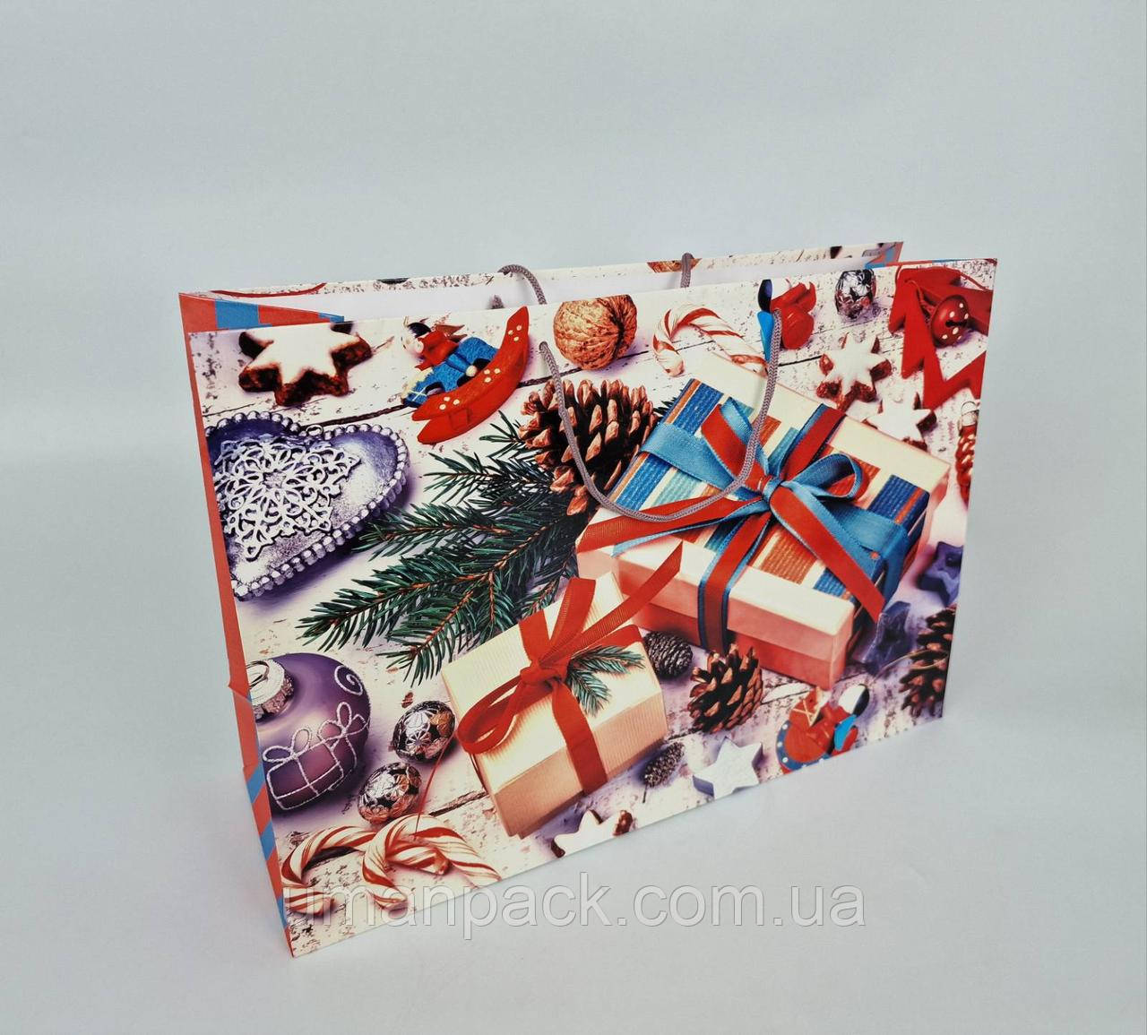 Паперовий Подарунковий Пакет Новорічний горизонтальні 46*33*15-008 (12 шт.)