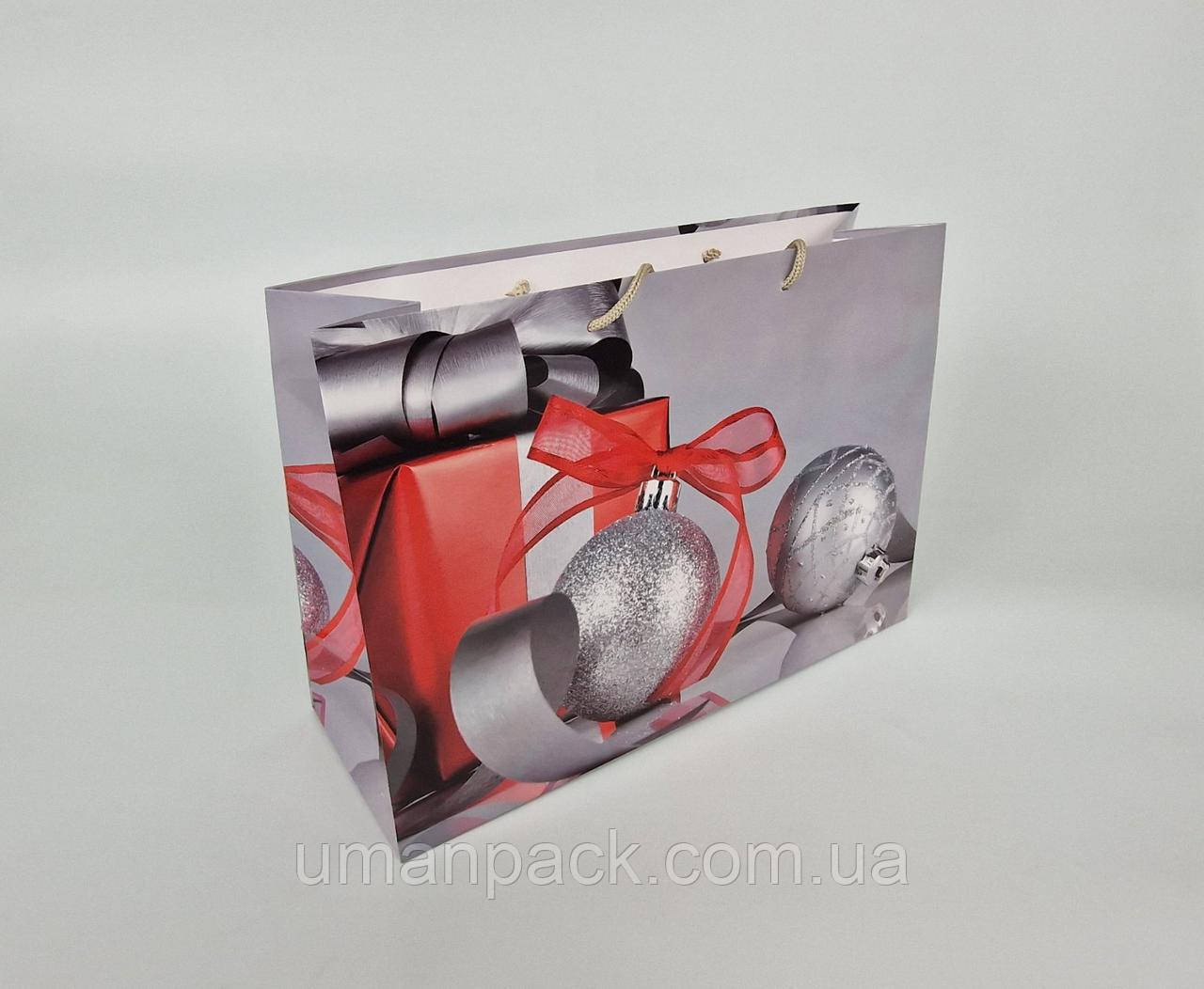Паперовий Подарунковий Пакет Новорічний горизонтальний 36/22/10 (12 шт.)
