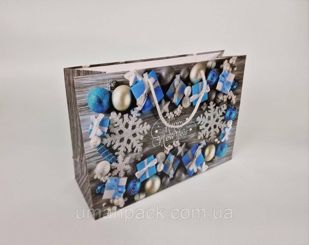 Паперовий Подарунковий Пакет Новорічний горизонтальний 36/22/10 (12 шт.)