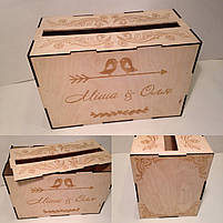 Весільна коробка "Пташки" для грошей з персоналізацією 30х20х15 см Світле дерево, фото 2