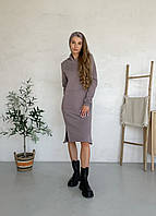 Теплое зимнее платье-худи ниже колена бежевый Мерлини Рошель 700001006, размер S-M (42-44)