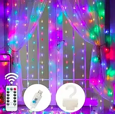 Світлодіодна гірлянда штора 3х2 м з пультом від USB 200 LED RGB, фото 4
