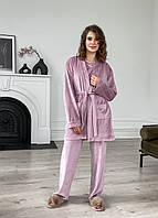 Велюровая женская пижама 3: халат, брюки, футболка пудрового цвета от украинского производителя Буя, размер