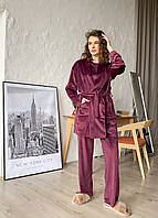 Велюровая женская пижама 3: халат, брюки, футболка бордового цвета от украинского производителя Буя, размер